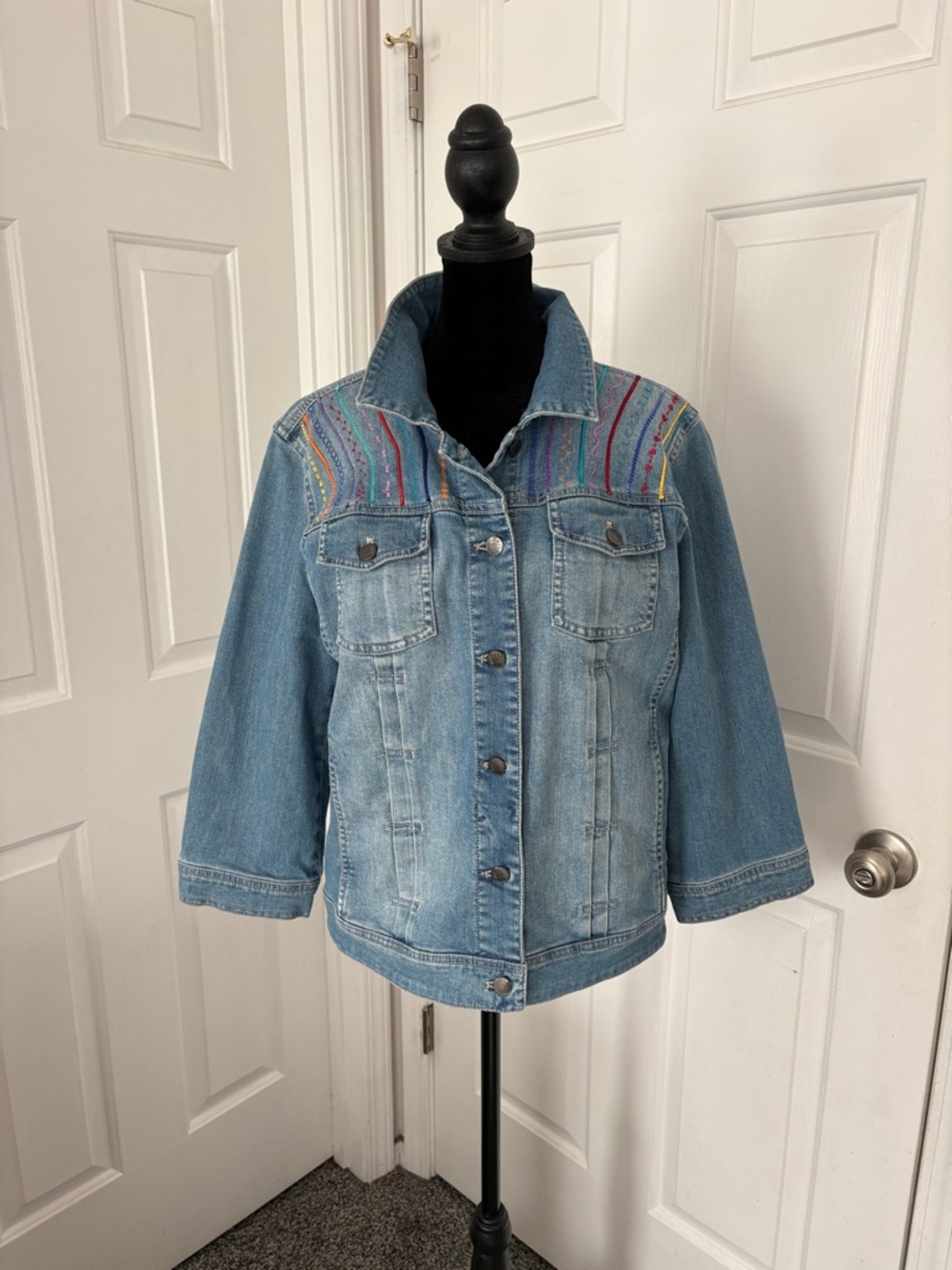 J. Jill Light Blue Denim Jacket with Multicolor Embroidered Yoke